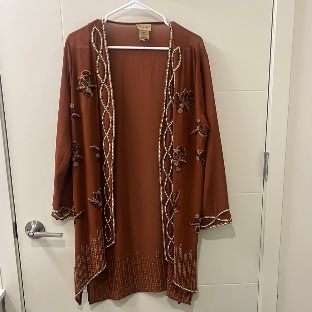 Rust Embroidered Open Cardigan